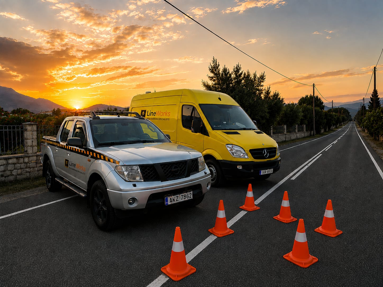 LineWorks fleet — pickup truck and yellow marking van with traffic cones at sunset